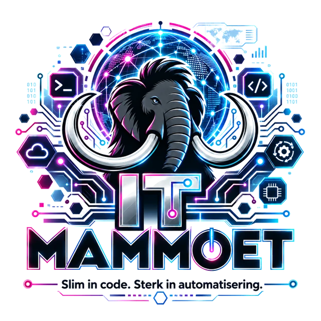 IT Mammoet logo: mammoetkop met wereldbol en circuitlijnen